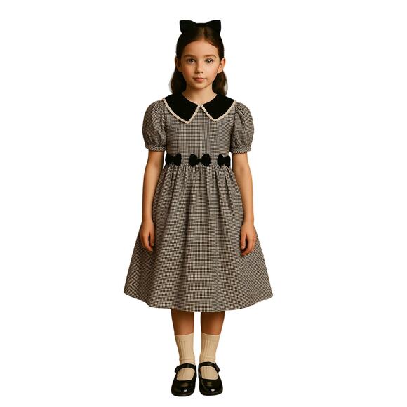 Vintage Bonnie Jean Girls Houndstooth Dress Black Velvet Collar Bows Size 16 - Picture 1 of 9